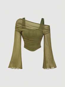 SHEIN MOD 二合一露肩网纱喇叭袖长袖女式衬衫，多件装，春季百搭，西式、复古、70年代风格，单件派对款 - 彩色 - 查看 3