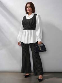 SHEIN Clasi Ensemble 2 pièces pour femmes grandes tailles, élégant contraste noir & blanc, tenue de bureau formelle d'automne, ensemble chemisier à manches longues et pantalon, tenues de travail pour femmes - Noir et Blanc - Voir 5