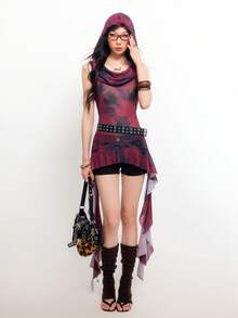 Bloopia Women's Fashionable Street Tie-Dye Sleeveless Hooded Mesh Blouse, Summer - Red - View 5