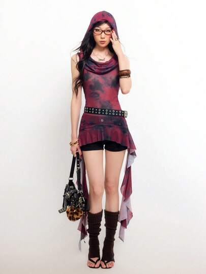 Bloopia 女士时尚街头扎染无袖连帽网纱上衣，夏季