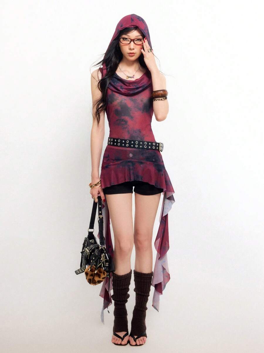 Bloopia 女士时尚街头扎染无袖连帽网纱上衣，夏季 - 紅色 - 查看 1