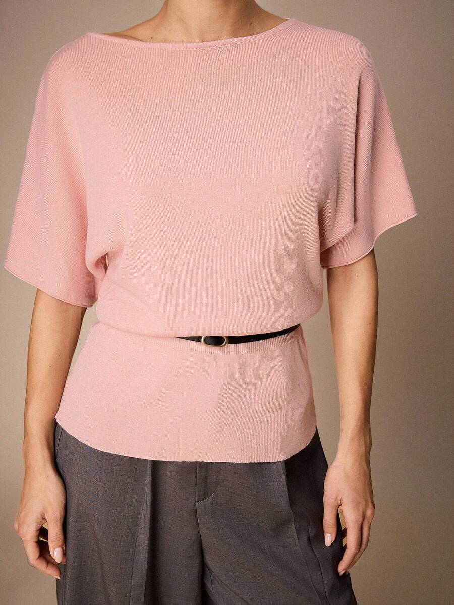 Maija Áo len nữ tay ngắn cổ thuyền màu hồng nhạt, kiểu dáng thường ngày, thích hợp đi chơi, dự tiệc Valentine, mùa xuân, đi biển, mùa xuân đến hè. - Hồng - Xem 1