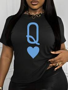 INAWLY Women's Casual T-Shirt With Poker Card Queen Pattern, Spring & Summer For New Year Clothes Graphic Tees Women Tops