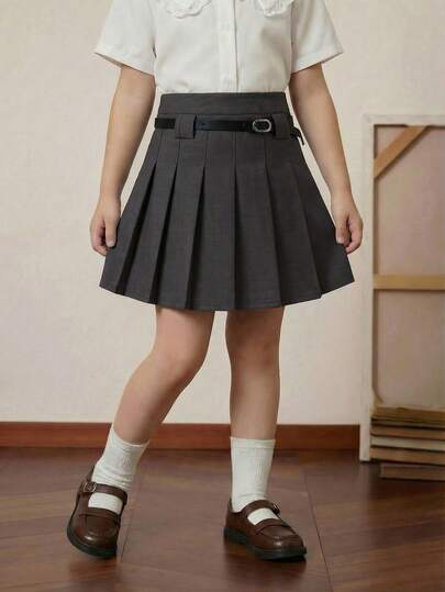 PrepCrw 一件装，少女优雅都市百褶迷你裙，配黑色腰带，百搭实用，适合休闲、通勤、派对、度假、春季、夏季、秋季穿着。