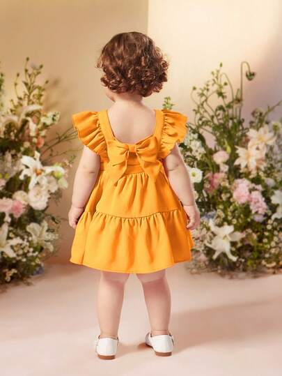 SHEIN Babygirl Summer Vacation Minimalist Solid Color Ruffle Detachable Bow Sleeveless Dress