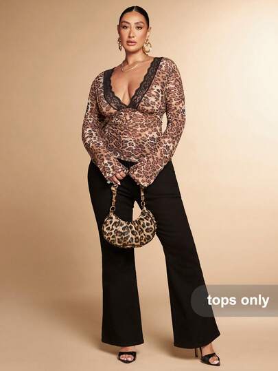 SHEIN BAE Plus Size Women's Spring And Autumn Winter Leopard Mesh Print Deep V-Neck Lace Stitching Long Sleeve See-Through Tight T-Shirt Tops, Sexy Tops, Casual Street Tops, Dating Tops, Elegant Tops, Festival Tops, Bottoming Tops