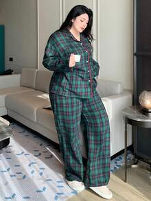 Dazy Plus Plus Size Loose Plaid Lapel Top & Pants Pajama Set, Suitable For All Seasons, Winter Clothes - Green - View 5