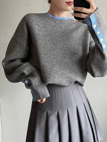 FRIFUL 女士圆领高袖装饰领口袖口宽松都市毛衣，女士冬季毛衣 - 灰色 - 查看 6