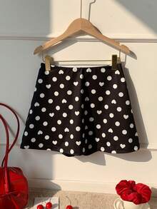 Comfortcana Chân váy dệt kim màu đen in hình trái tim và chấm bi, kiểu dáng thường ngày, phù hợp cho nữ. - màu đen - Xem 5