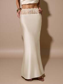 SHEIN BAE 杏色优雅蕾丝拼接缎面鱼尾裙，适合派对、鸡尾酒会、生日、伴娘、婚礼宾客等场合，秋冬季穿着。 - 杏色 - 查看 1