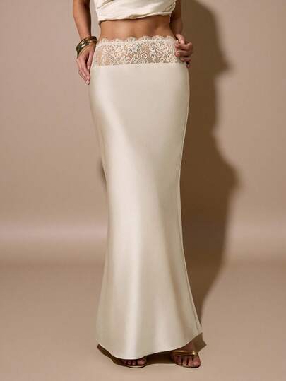 SHEIN BAE 杏色优雅蕾丝拼接缎面鱼尾裙，适合派对、鸡尾酒会、生日、伴娘、婚礼宾客等场合，秋冬季穿着。