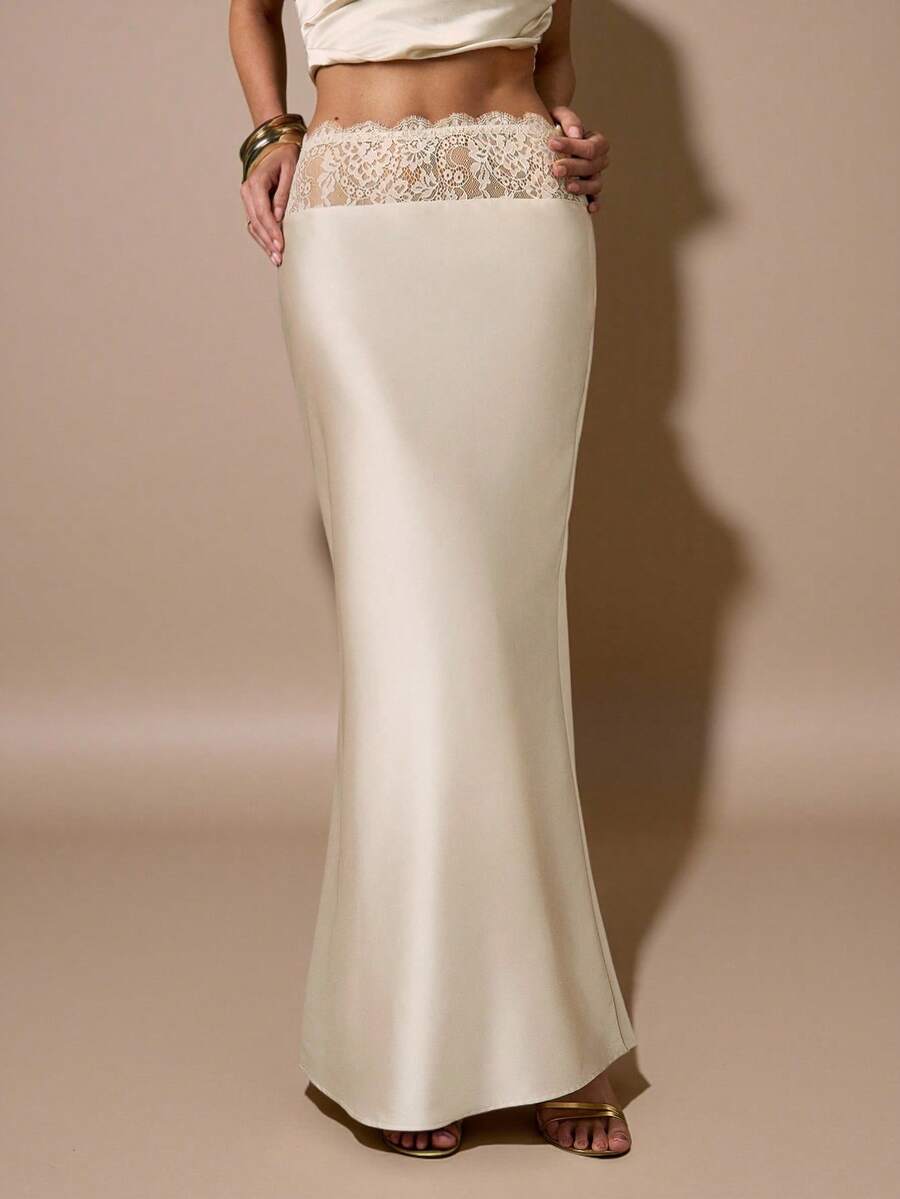 SHEIN BAE 杏色优雅蕾丝拼接缎面鱼尾裙，适合派对、鸡尾酒会、生日、伴娘、婚礼宾客等场合，秋冬季穿着。 - 杏色 - 查看 1