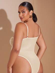 SHEIN BAE Women's Elegant Lace Patchwork Beige Corset Top Bodysuit,Spaghetti Strap Summer Beach Vacation Wedding Guest Night Out Club Outfit Plus Size Clothing - Apricot - View 2
