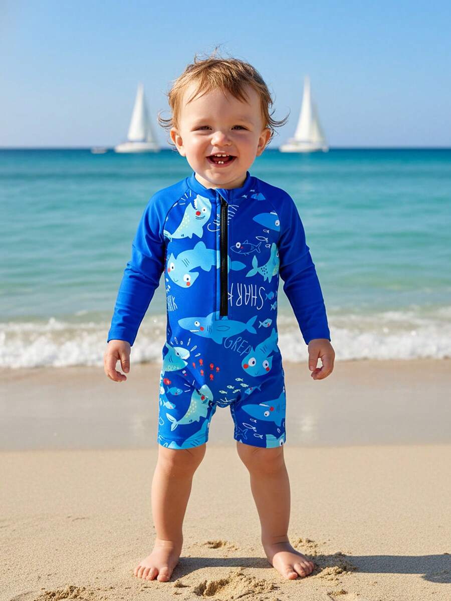 2件装婴儿/幼儿男童卡通海洋主题弹力速干舒适针织泳衣,适合海滩、泳池、冲浪、度假、夏季穿着 - 寶藍色 - 查看 1