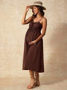 Boho Mama 孕妇纯色吊带系腰休闲夏季连衣裙 - 鏽棕色 - 查看 5