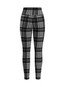 SHEIN Clasi 女士新款优雅高腰收腰格子针织弹力裤，适合通勤、工作、日常穿着 - 黑與白 - 查看 9