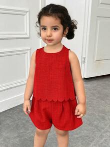2pcs/Set Baby Girls' Casual Solid Color Round Neck Top With 3D Bow Decor On Back And Shorts Set, Blue - Red - View 4