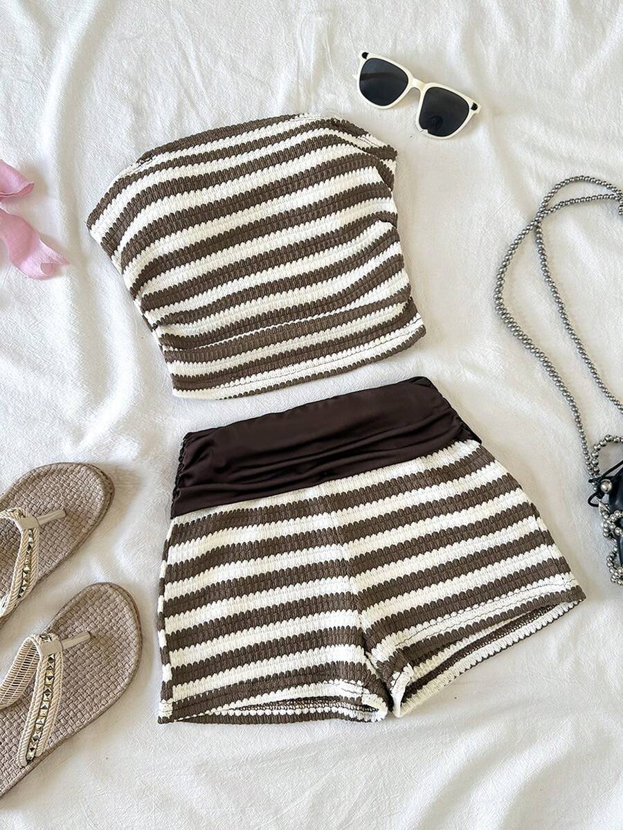SHEIN Tween Girls' Casual Striped Tank Top And Shorts Set, Comfortable & Minimalist Two Piece Short Set Two Piece Summer Set Clothes Two Piece - Coffee Brown - View 1