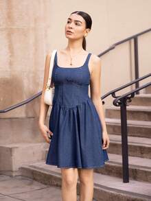 Andrea Bello Robe en jean pour femme, robe bleue décontractée à bretelles fines de style vintage - Jean brut - Voir 6