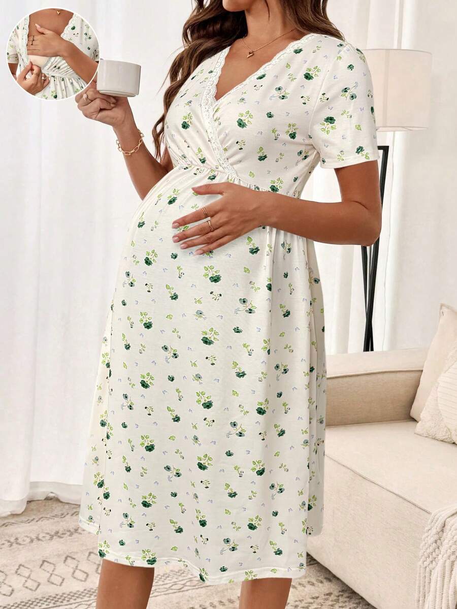 SHEIN 孕妇交叉裹身蕾丝边方领短袖休闲碎花连衣裙 - 綠色 - 查看 1