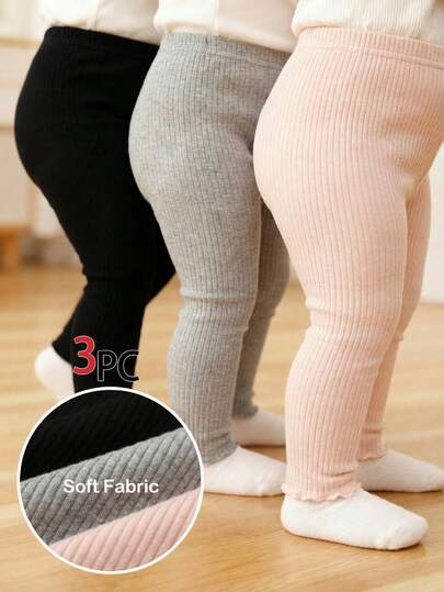 SHEIN Vintaside Kids 3pcs/Set Baby Girls' Casual Ribbed Wavy Hem Elastic Waist Leggings, Comfortable & Soft, Suitable For Spring/Summer Outings And Home Wear, Great Gift For 6 Months - 3 Years Old