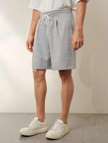 RONVEXI Herren einfarbige Shorts mit schräger Tasche und Kordelzug in der Taille, Lässig - Grau - Übersicht 3