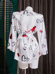 SHEIN Heart Print Faux Silk Backless Hollow-Out Sexy Robe - Multicolor - View 8