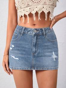 SHEIN Essnce 女士休闲百搭牛仔迷你裙，带口袋和纽扣，做旧设计，适合约会和外出穿着。 - 藍色 - 查看 4