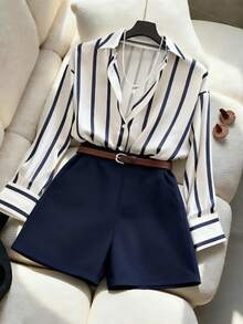 Franclia 女士宽松垂坠条纹衬衫和高腰藏蓝色短裤套装，简约时尚春夏装扮 - 彩色 - 查看 3