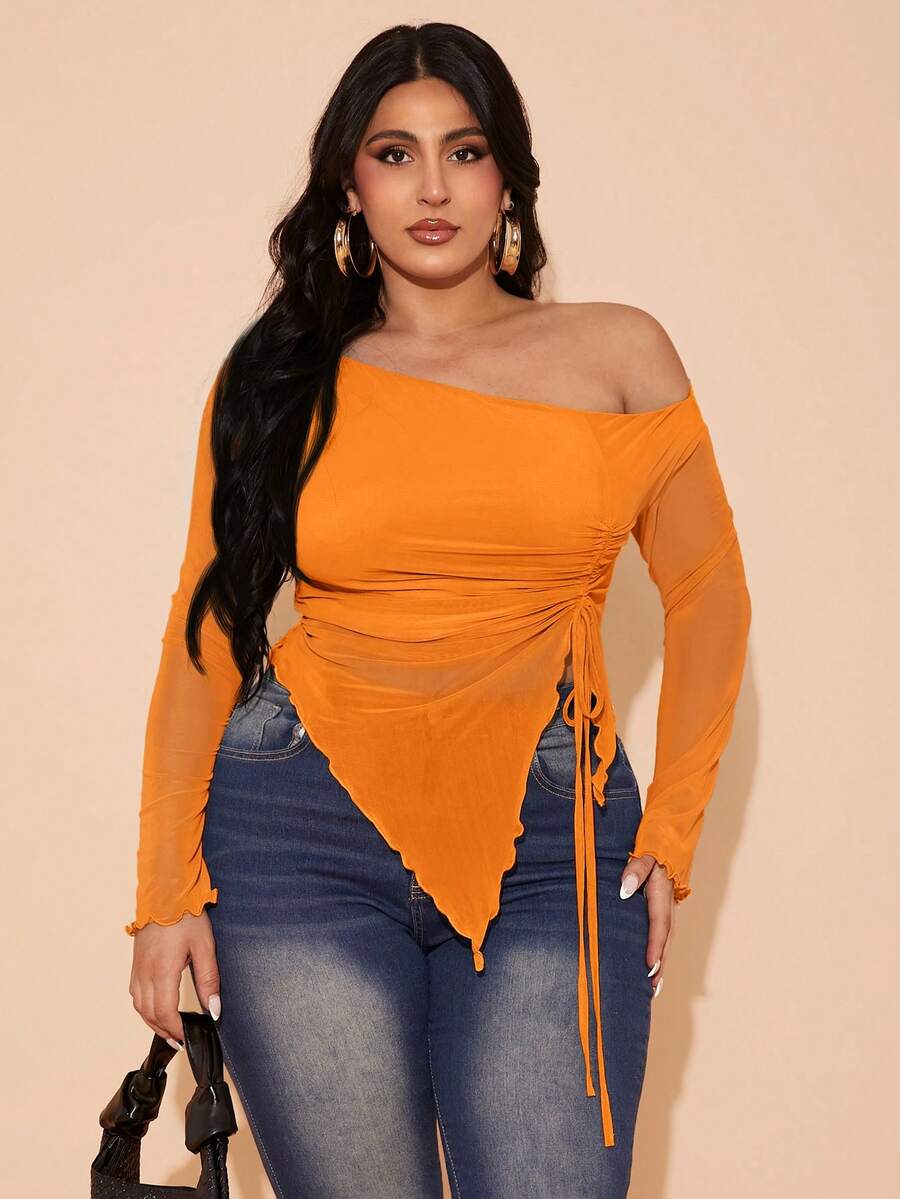 SHEIN BAE Áo kiểu nữ cỡ lớn mùa hè bằng vải lưới trang trí nơ, thích hợp cho tiệc tùng, sinh nhật thanh lịch. - trái cam - Xem 1