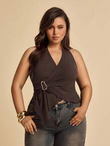 SHEIN BAE Áo tank top nữ cỡ lớn màu nâu, vạt áo bất đối xứng, trang trí khóa kim loại, gợi cảm, phù hợp cho đi chơi hàng ngày, đi làm, thư giãn, trà chiều, mùa hè, áo dễ thương, áo hè dễ thương, phong cách Boho, kỳ nghỉ, du lịch - màu nâu - Xem 6
