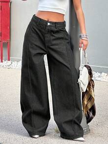 Loose Baggy Raw Denim Woman Low Waist Jean - Dark Grey - View 5