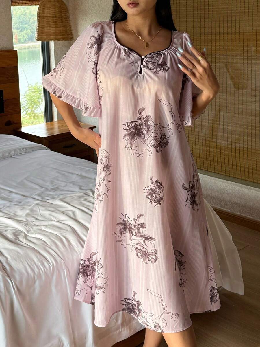 DAZY Floral Print Loose A-Line Women Nightgown - Pink - View 1