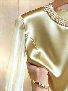 GlowEve 女士时尚优雅珍珠网纱长袖衬衫 - 黃色 - 查看 4