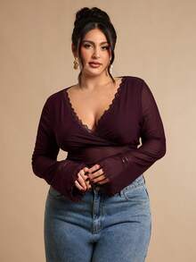 SHEIN BAE Blusa de manga larga con parches de encaje y malla de unicolor, camiseta interior, prenda exterior, para el Día de San Valentín, talla grande - Morado - Ver 5