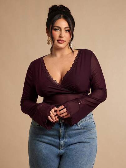 SHEIN BAE Blusa de manga larga con parches de encaje y malla de unicolor, camiseta interior, prenda exterior, para el Día de San Valentín, talla grande