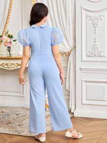 SHEIN Tween Girl Spring/Summer Casual Elegant French Collar Rhinestone Button Asymmetric Hem Organza Puff Sleeve Jumpsuit With Blue Beaded Trim Patchwork Pants - Blue - View 5