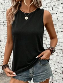 SHEIN LUNE Women's Casual Comfortable Sleeveless Round Neck Tank Top Spring - Black - View 6