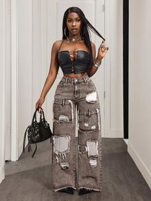 Slaydiva Women's Distressed Slant Pocket Casual Versatile Wide Leg Jeans