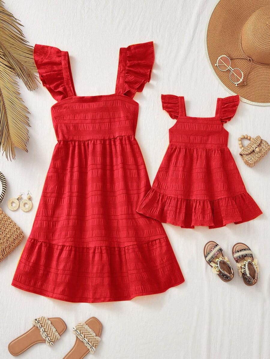 SHEIN Đầm nghỉ hè màu đỏ xếp ly cho mẹ và bé, thích hợp cho mùa hè. - Đỏ - Xem 1