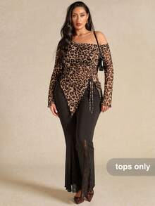 SHEIN BAE 大码女式豹纹不对称T恤，适合通勤、冬季穿着、秋冬季连体上衣、圣诞节、圣诞派对、新年、感恩节、优雅派对、正式场合、婚礼等场合。秋季大码女装，大码女式上衣，夏季女式上衣，生日礼物，大码女式网纱蝴蝶结上衣，优雅夏季假日派对，适合情人节、生日等场合。 - 棕色 - 查看 4