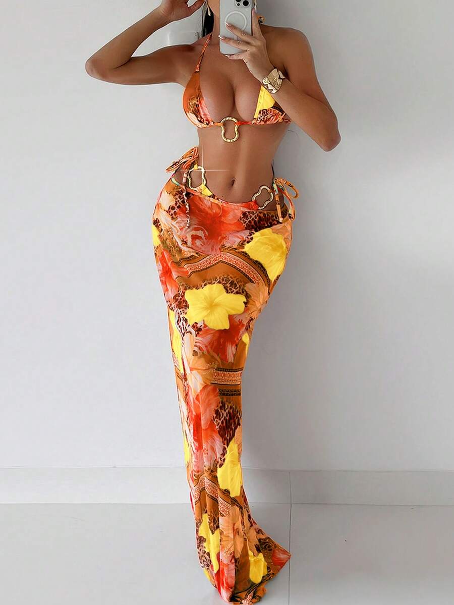 3pcs Women Printed Triangle Cup Sling Spaghetti Strap Bikini Set - Yellow - View 1