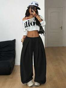 Coolane 女士秋冬街头风基本款日常休闲外出灰色宽松低腰卷边裤 - 黑色 - 查看 6