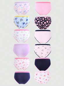Tween Girls Brief Panties - Surprise Mystery Box 6 Out Of 12 Selection Combination - Spring Summer Sweet Cute Butterfly Heart Pattern Elements Purple Pink Color System Pure Cotton Base Layer Panties - Tween Girls Panties 6-Pack Combination Girls Panties Set - Multicolor - View 2