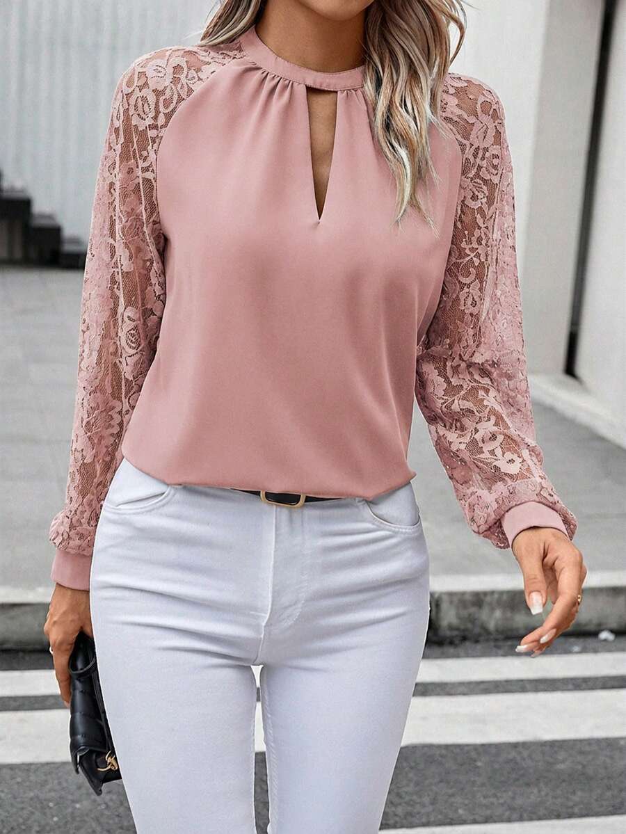 SHEIN Clasi Áo kiểu nữ tay dài phối ren, kiểu dáng thường ngày. - Hồng - Xem 1