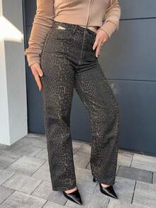 Jeta Ari 女式豹纹阔腿宽松休闲牛仔裤，带口袋 Y2k - 棕色 - 查看 3