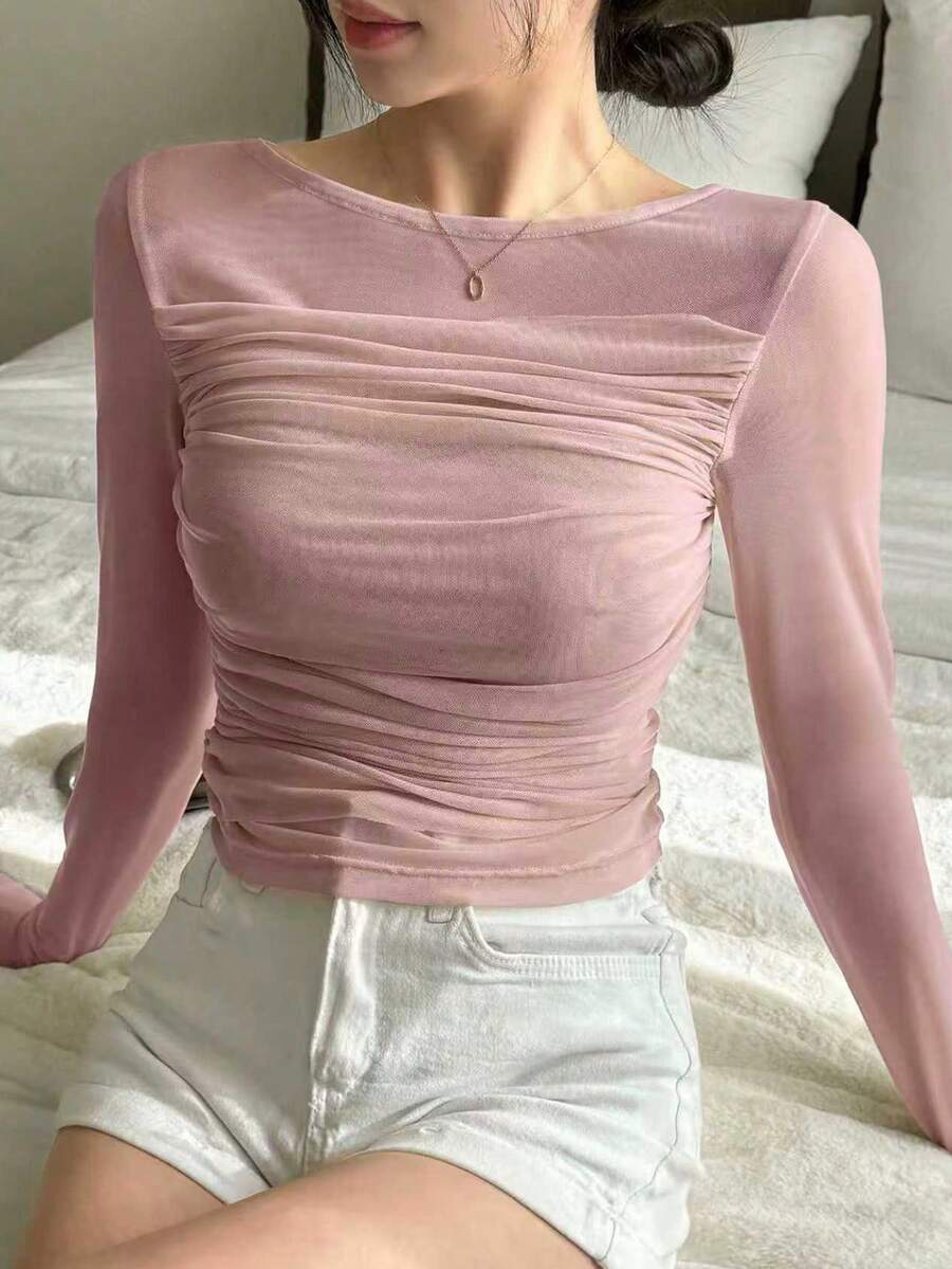 DAZY Valentine's Day Faux 2 Pieces Ruffle Mesh Women T-Shirt Long Sleeve Women Tops Going Out Tops Women - Pink - View 1