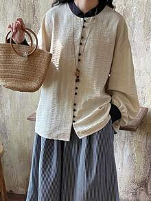 FRIFUL Women's Contrast Texture Fabric Contrast Button Design Loose Casual Versatile Shirt - Grey - View 5