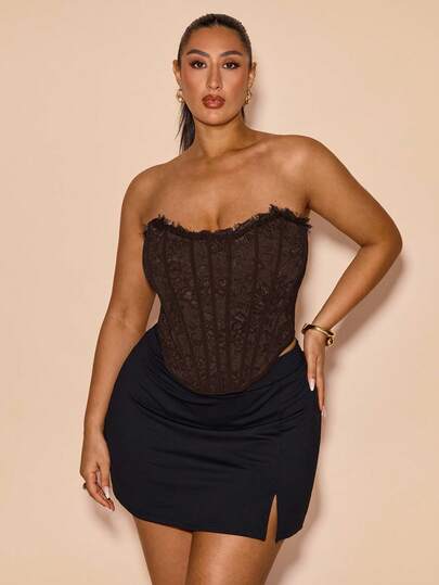 SHEIN BAE 加大码纯色蕾丝抹胸式文胸，适合夏季海滩度假