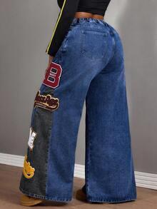 Slaydiva Plus Size Women's Loose Fit Distressed Embroidered Patchwork Design Washed Denim Wide Leg Jeans - Dark Wash - View 2